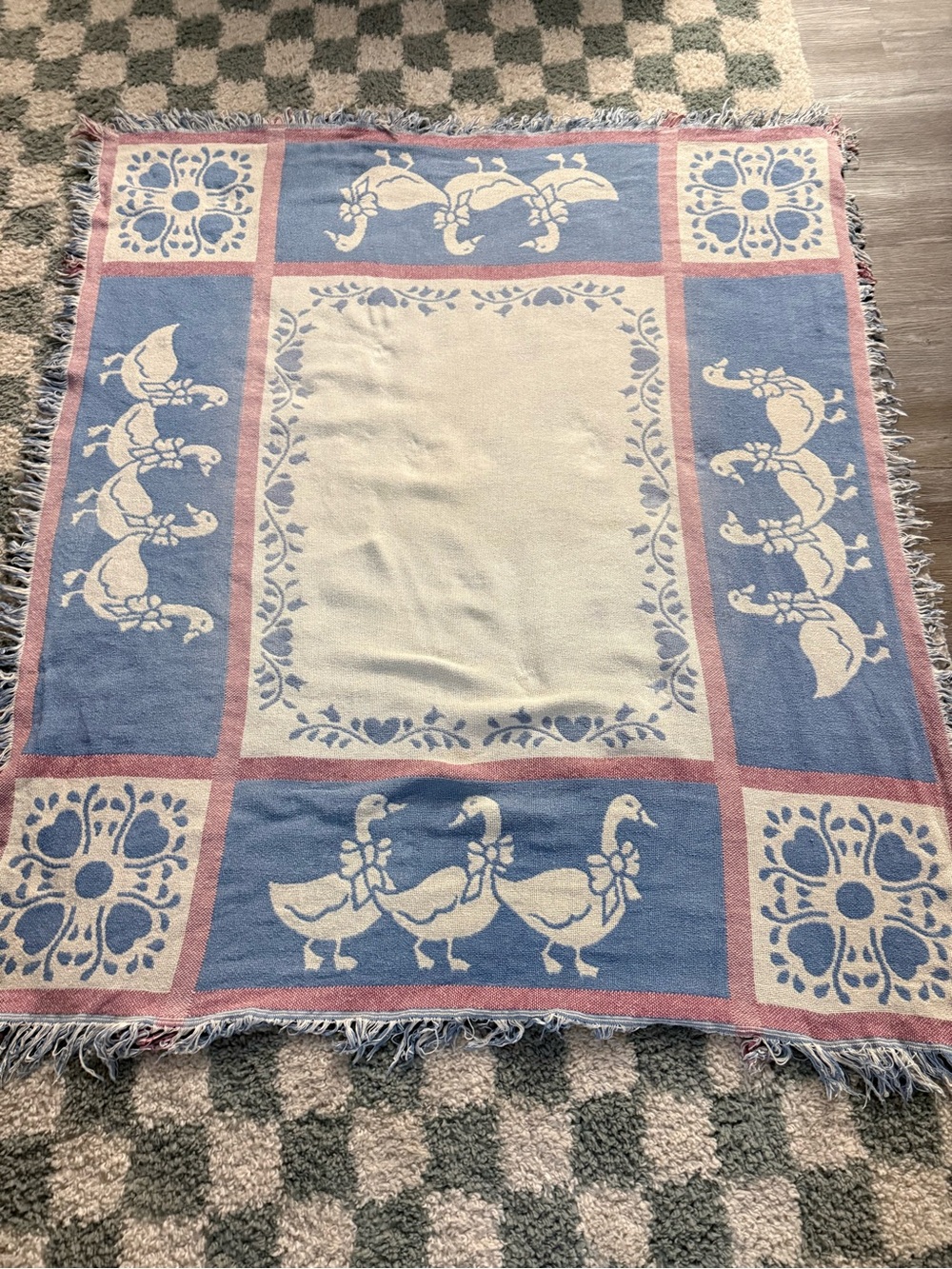VTG Duck Goose Tapestry Blanket Woven Throw Blanket Blue Pink Cottage Core - Picture 1 of 7